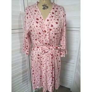 RENE ROFE Tie Front Pink & Red Valentines Day Heart Kimono SHORT ROBE Sz Large